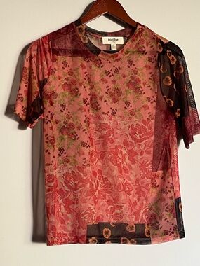 Anthropologie Mixed Floral Patchwork Short Sleeve Tee in Pink and Burgundy